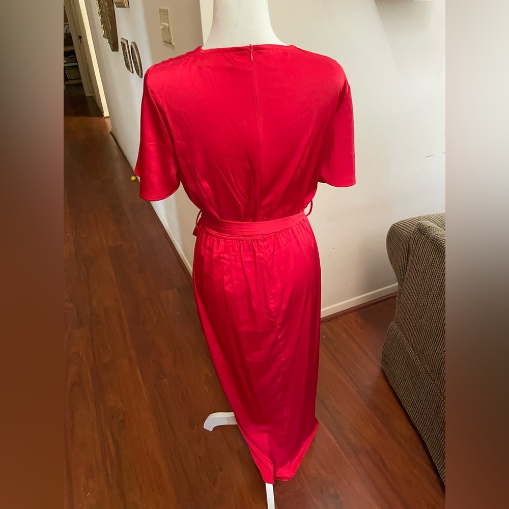 Zesica Red Satin faux wrap Dress LARGE short sleeve stretch V Neck belt zipper - Picture 5 of 16